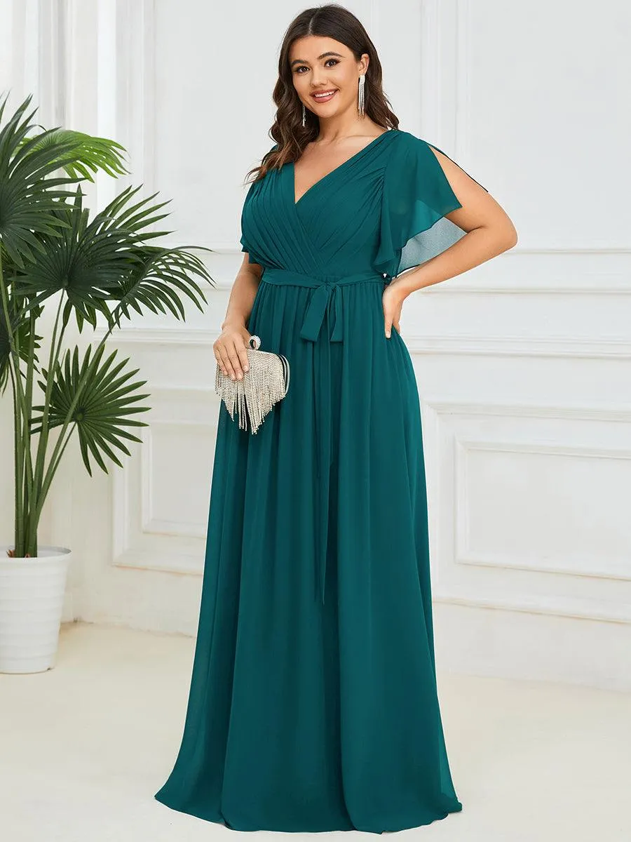 Robe mariage invitée en mousseline de soie longue de grande taille à encolure en V Maxi
