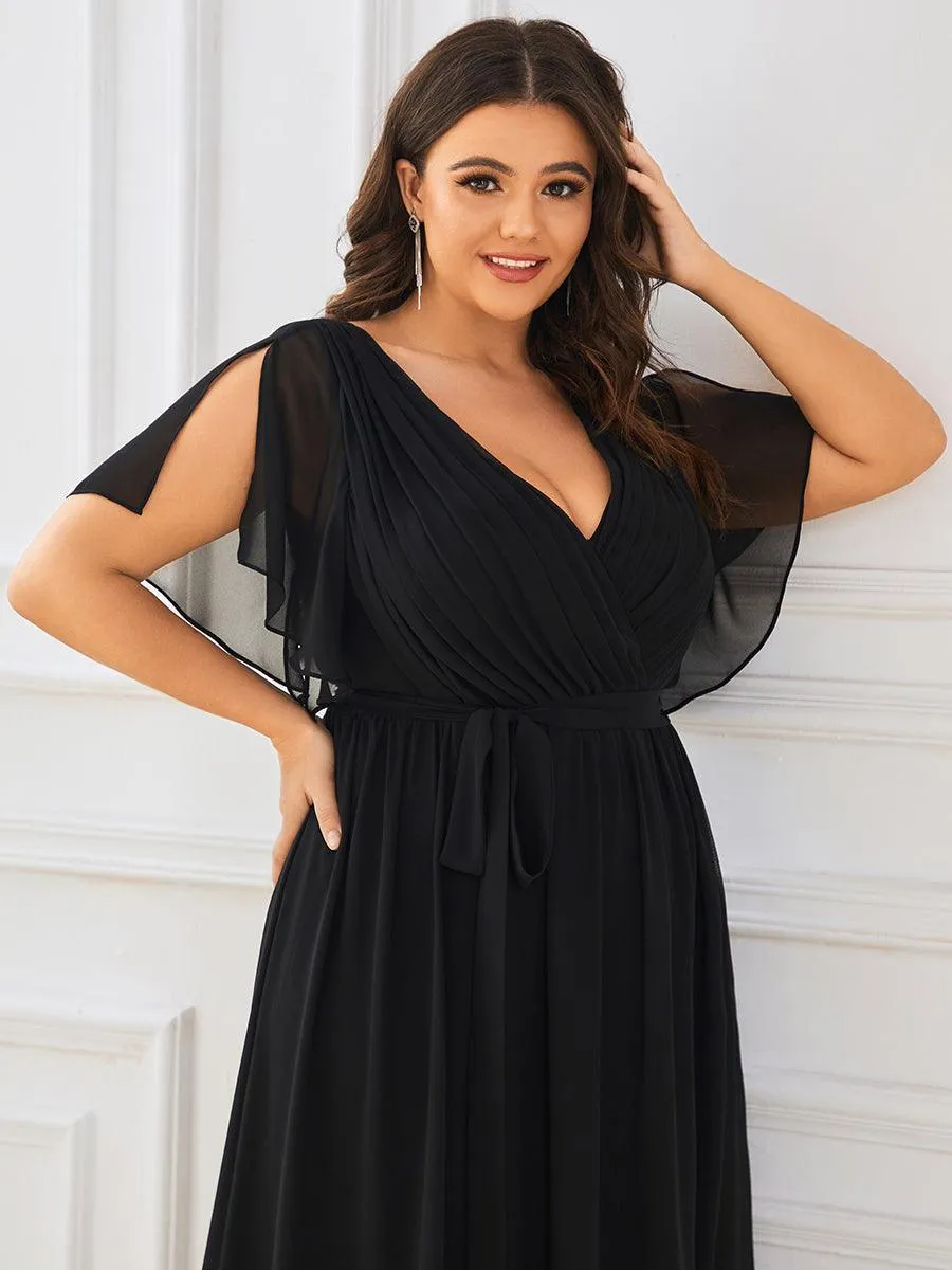 Robe mariage invitée en mousseline de soie longue de grande taille à encolure en V Maxi