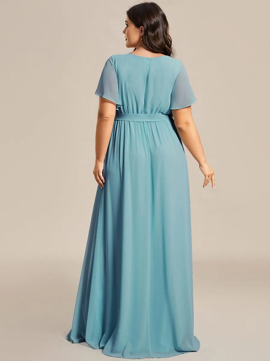 Robe mariage invitée en mousseline de soie longue de grande taille à encolure en V Maxi