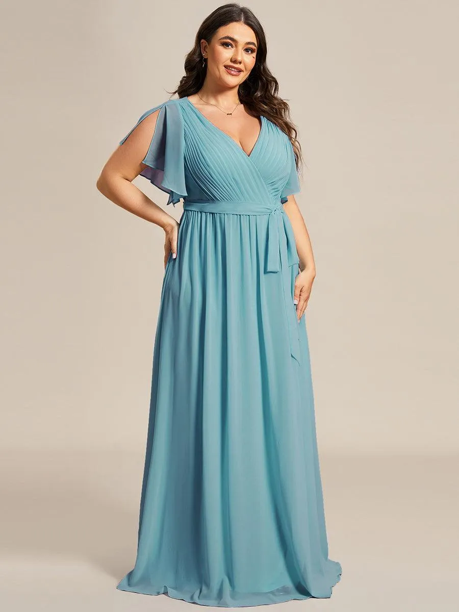 Robe mariage invitée en mousseline de soie longue de grande taille à encolure en V Maxi
