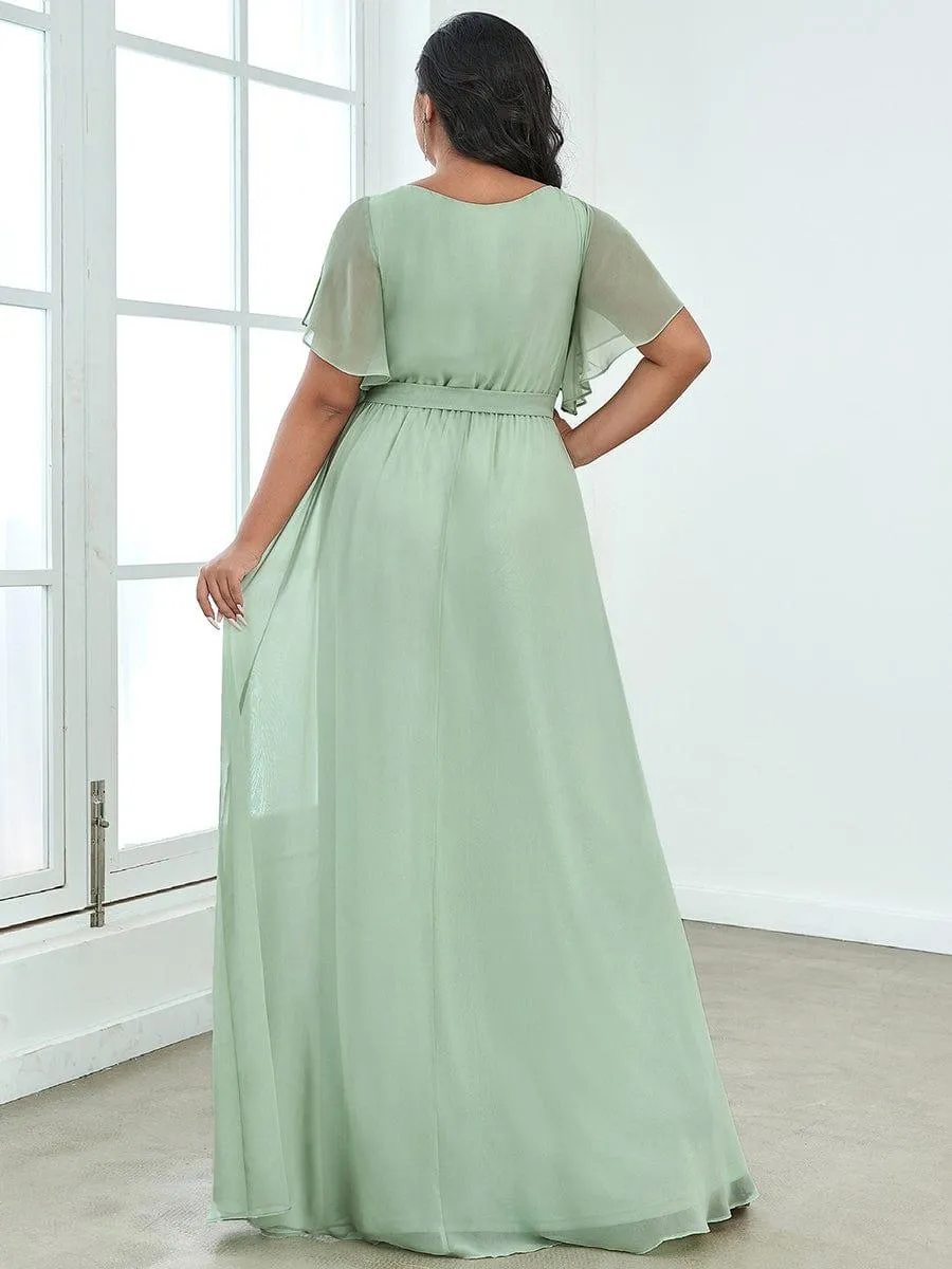 Robe mariage invitée en mousseline de soie longue de grande taille à encolure en V Maxi