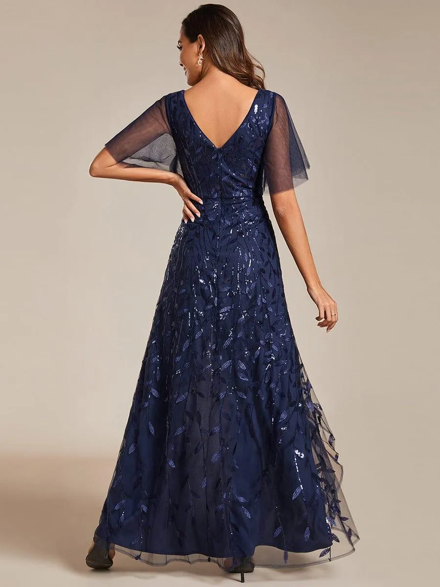 Robes de soirée pailletées à col en V et fente haute