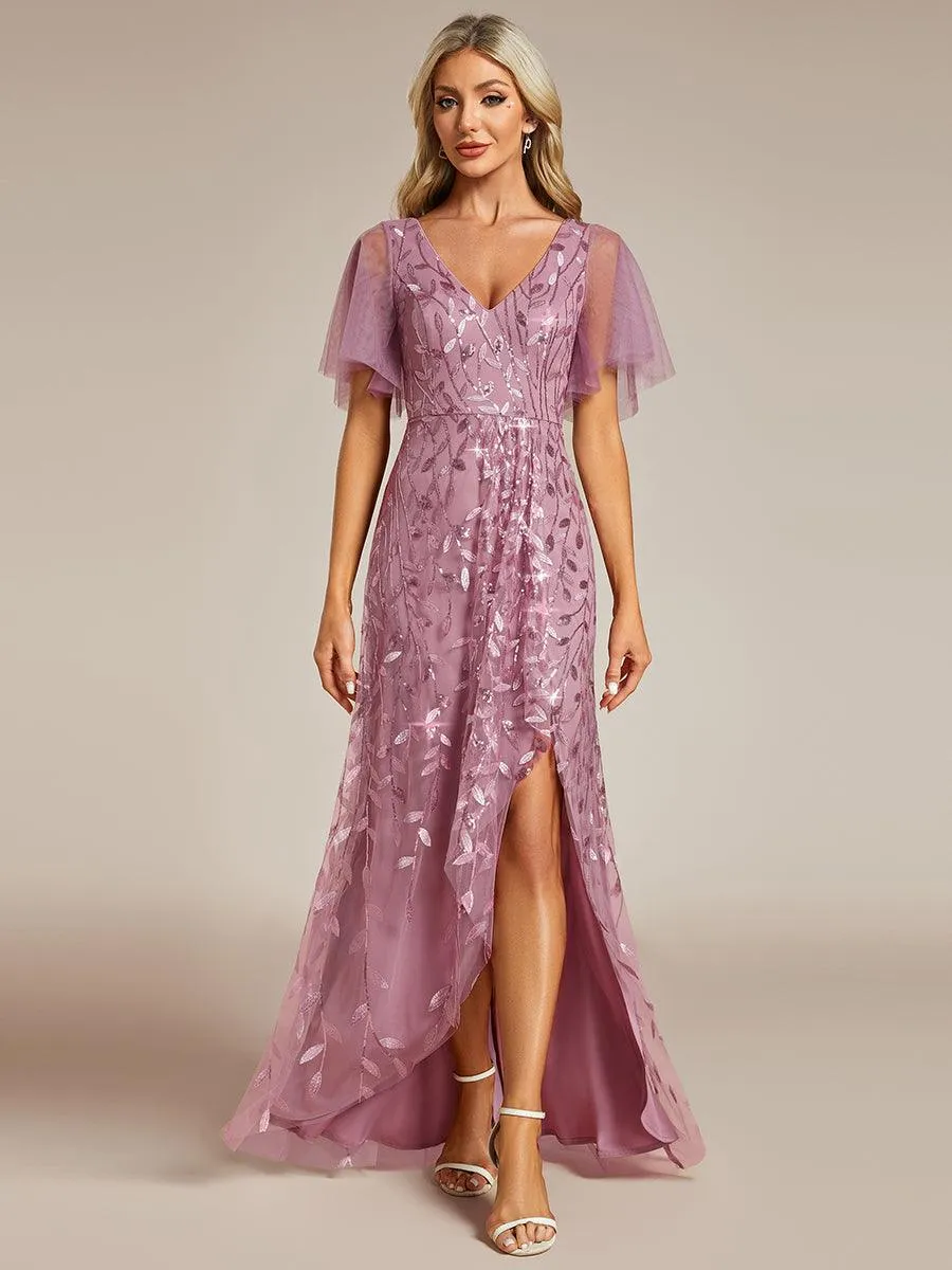 Robes de soirée pailletées à col en V et fente haute