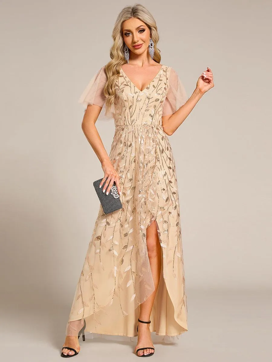 Robes de soirée pailletées à col en V et fente haute