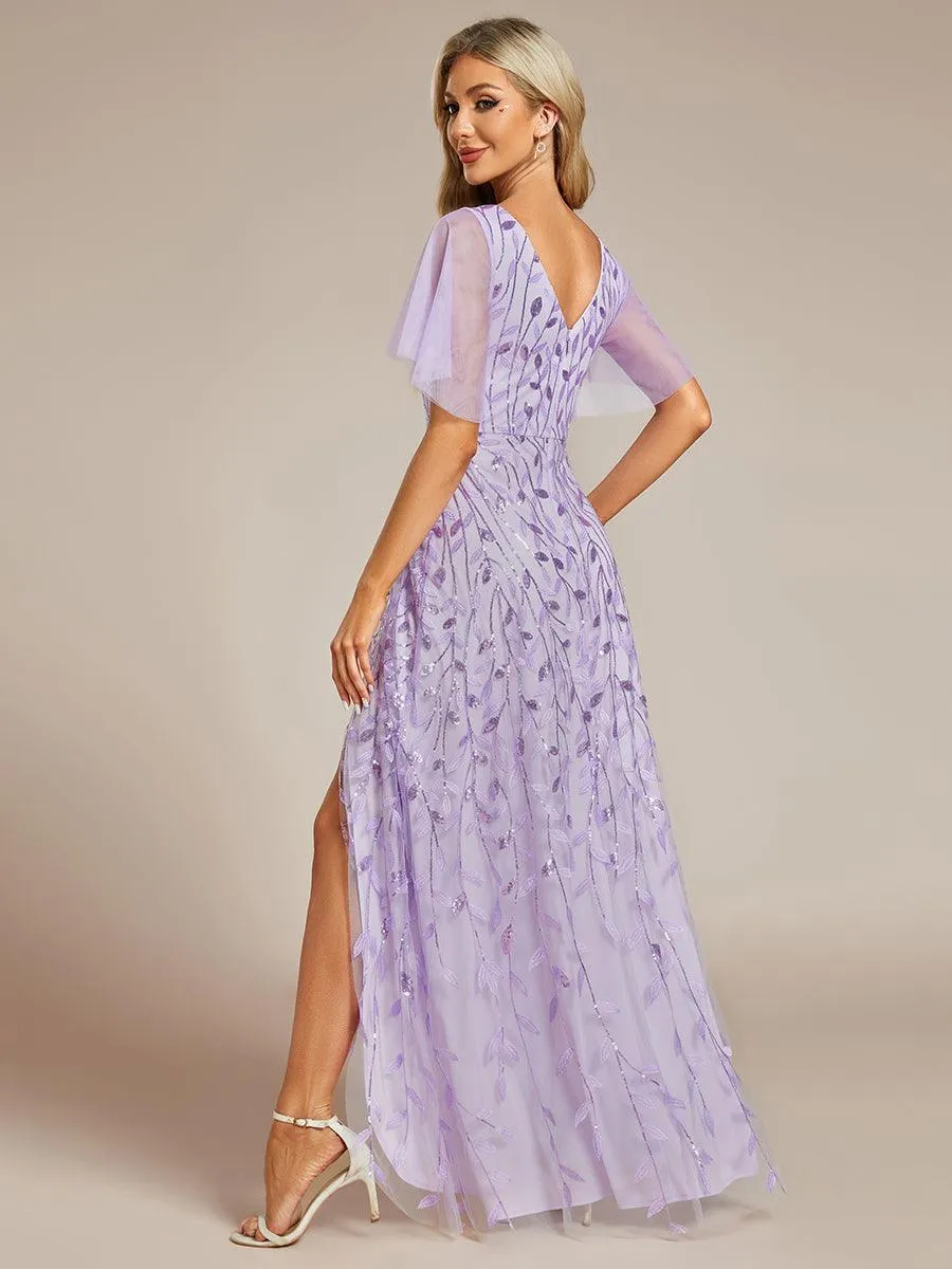 Robes de soirée pailletées à col en V et fente haute