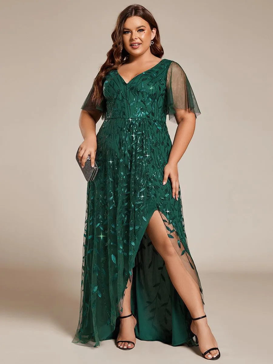 Robes de soirée pailletées à col en V et fente haute
