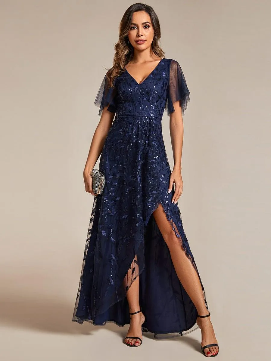 Robes de soirée pailletées à col en V et fente haute