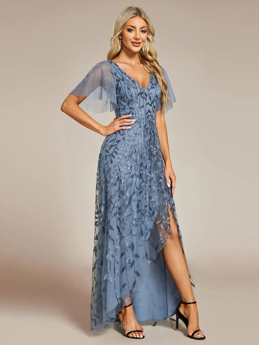 Robes de soirée pailletées à col en V et fente haute