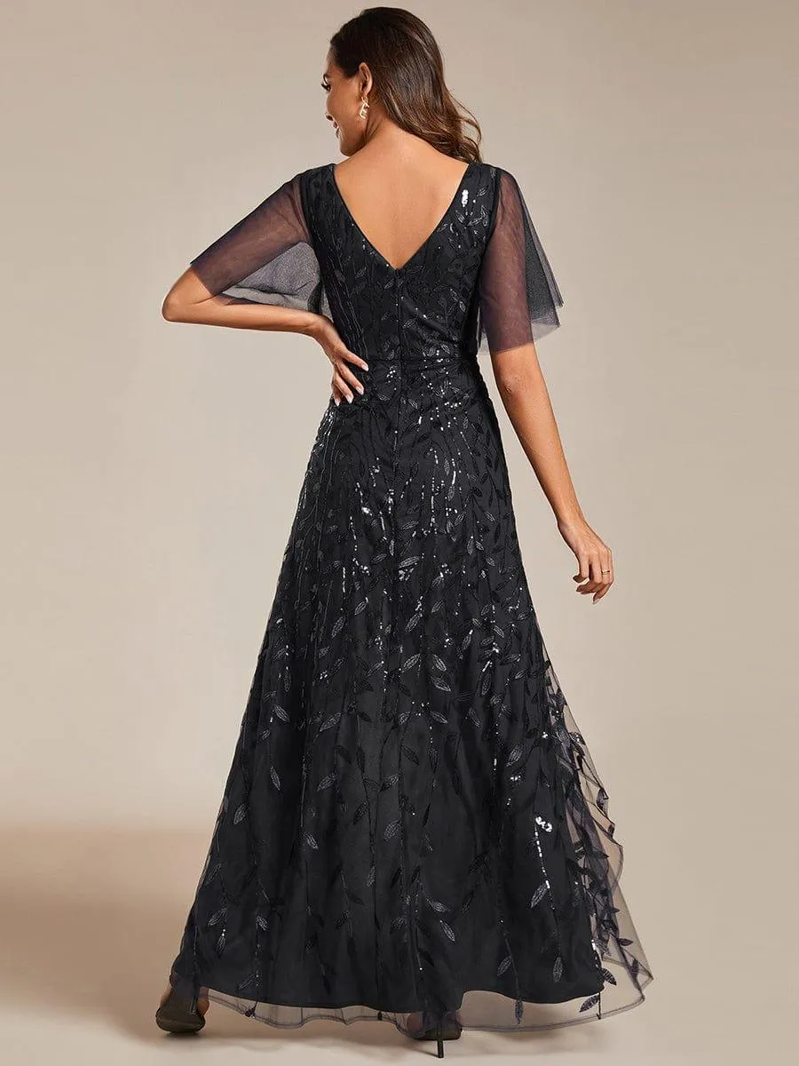Robes de soirée pailletées à col en V et fente haute