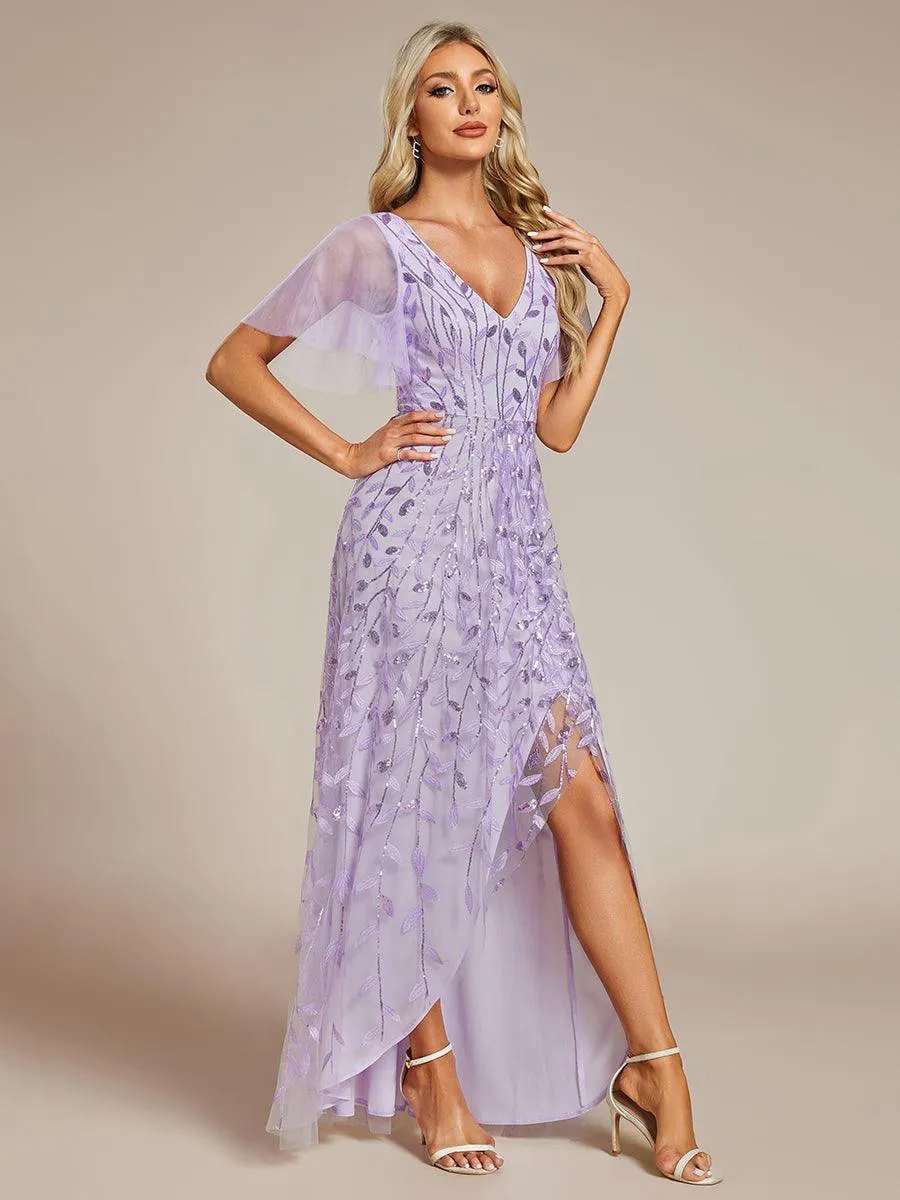 Robes de soirée pailletées à col en V et fente haute