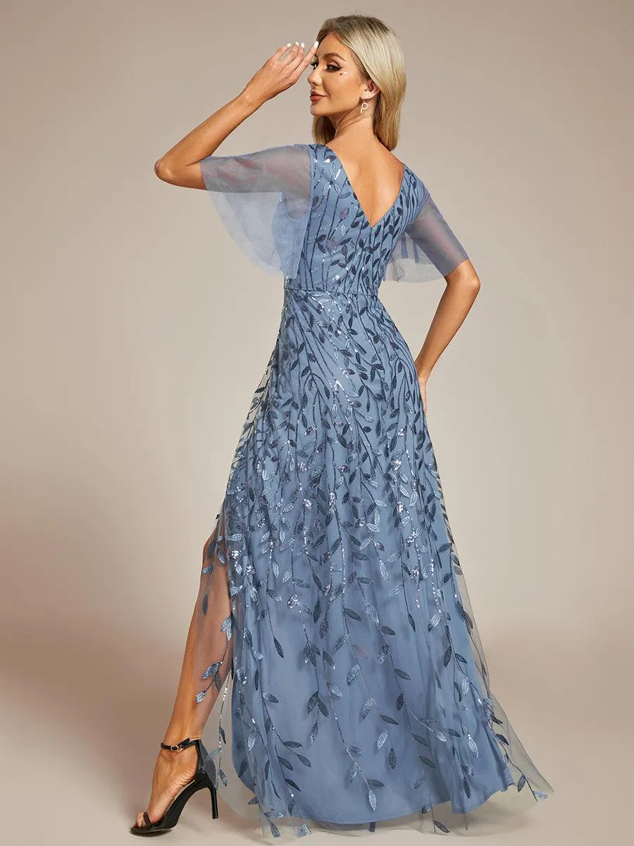 Robes de soirée pailletées à col en V et fente haute