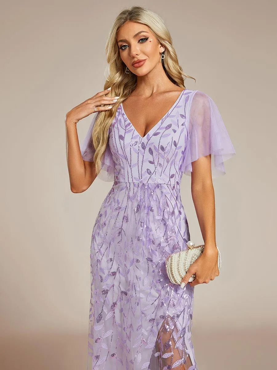 Robes de soirée pailletées à col en V et fente haute