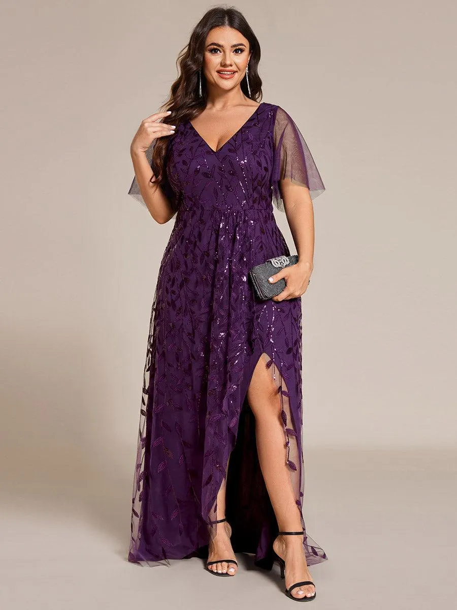 Robes de soirée pailletées à col en V et fente haute