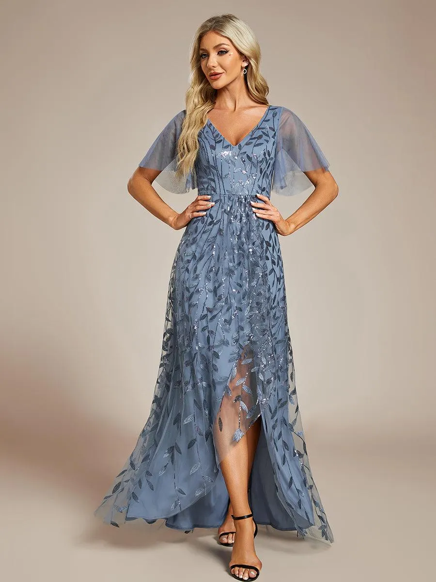 Robes de soirée pailletées à col en V et fente haute