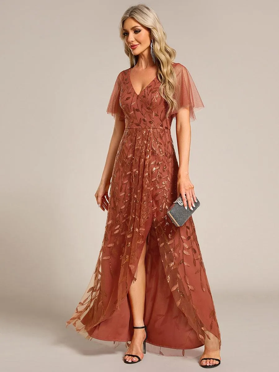 Robes de soirée pailletées à col en V et fente haute