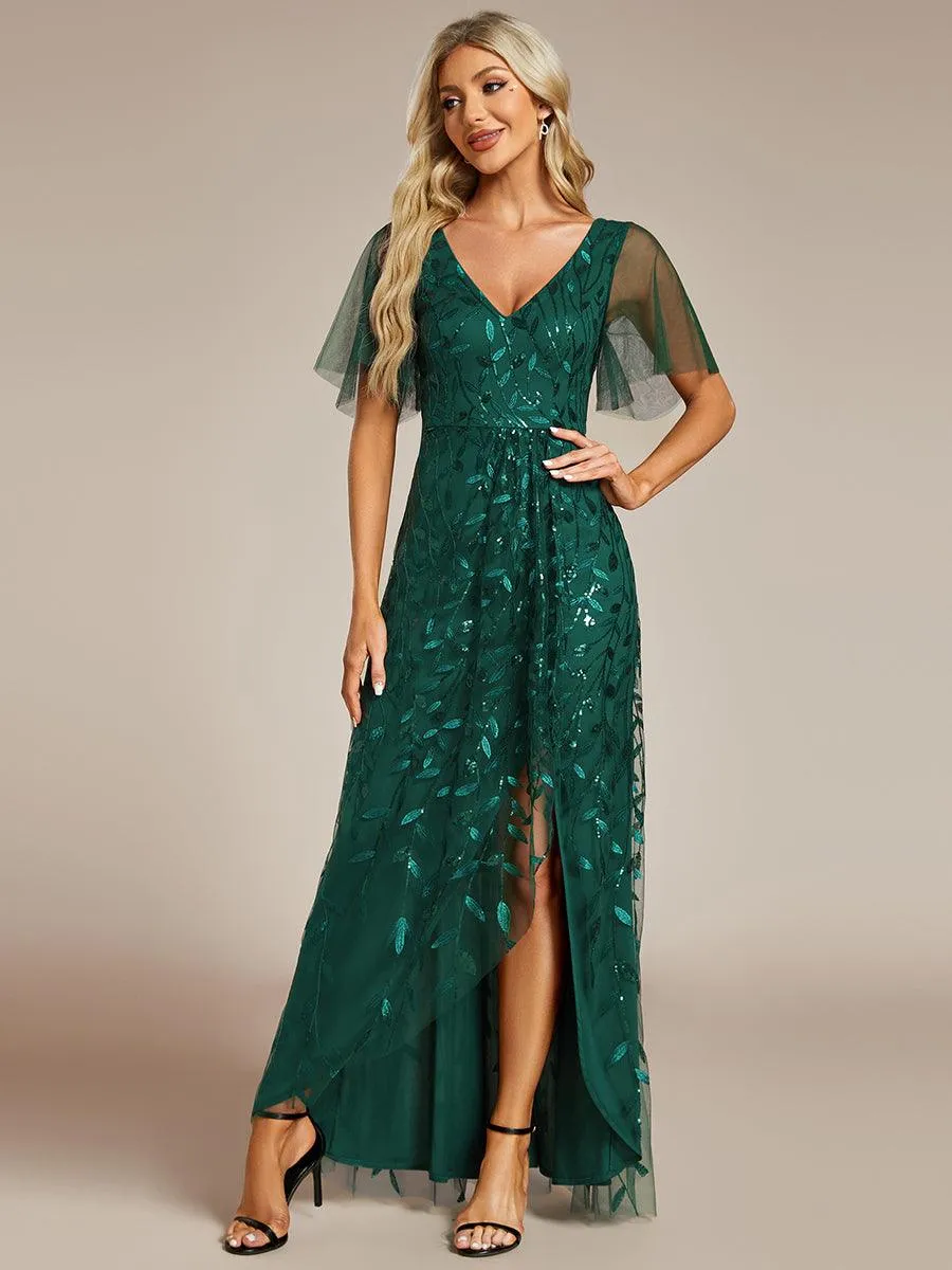 Robes de soirée pailletées à col en V et fente haute