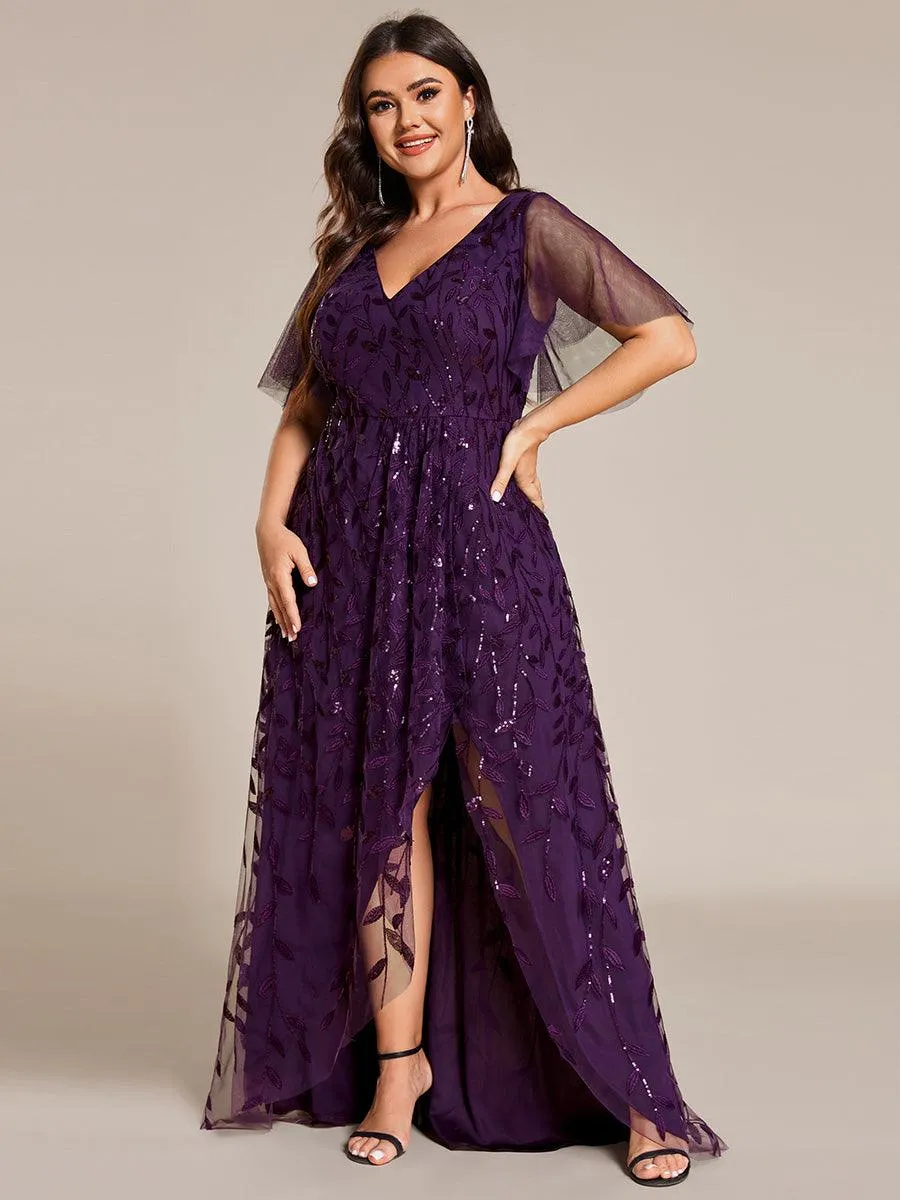 Robes de soirée pailletées à col en V et fente haute