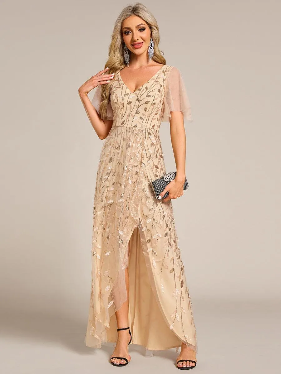 Robes de soirée pailletées à col en V et fente haute