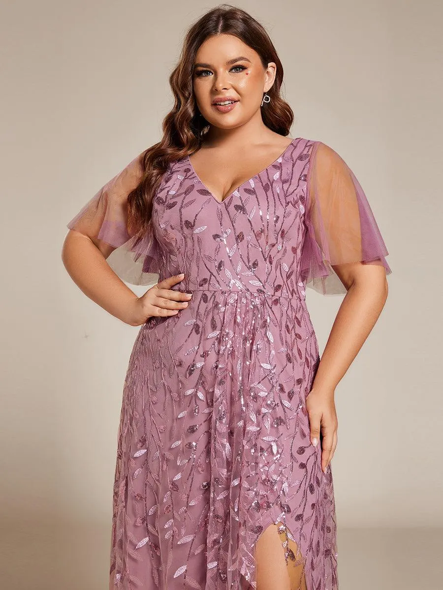 Robes de soirée pailletées à col en V et fente haute