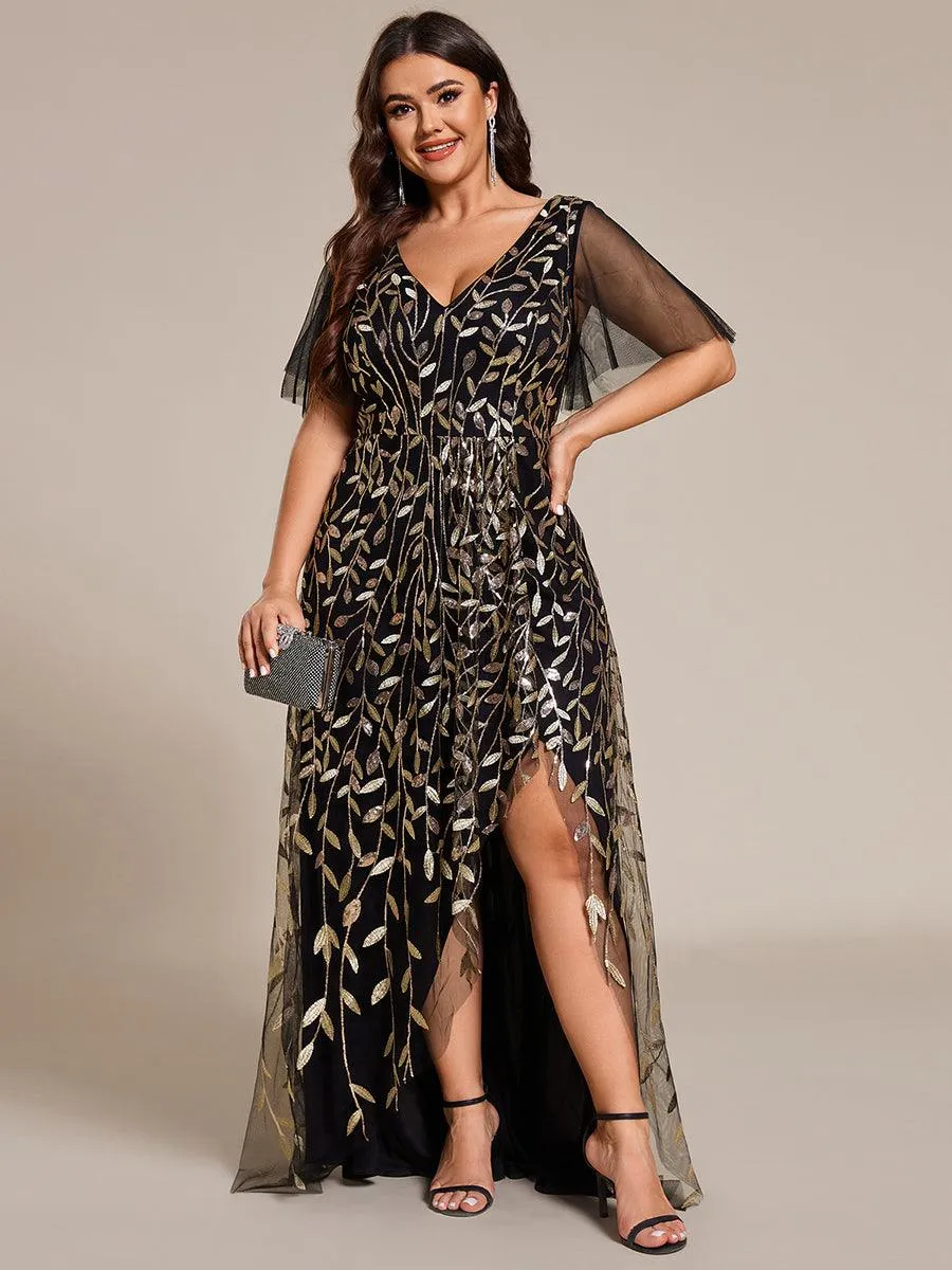 Robes de soirée pailletées à col en V et fente haute
