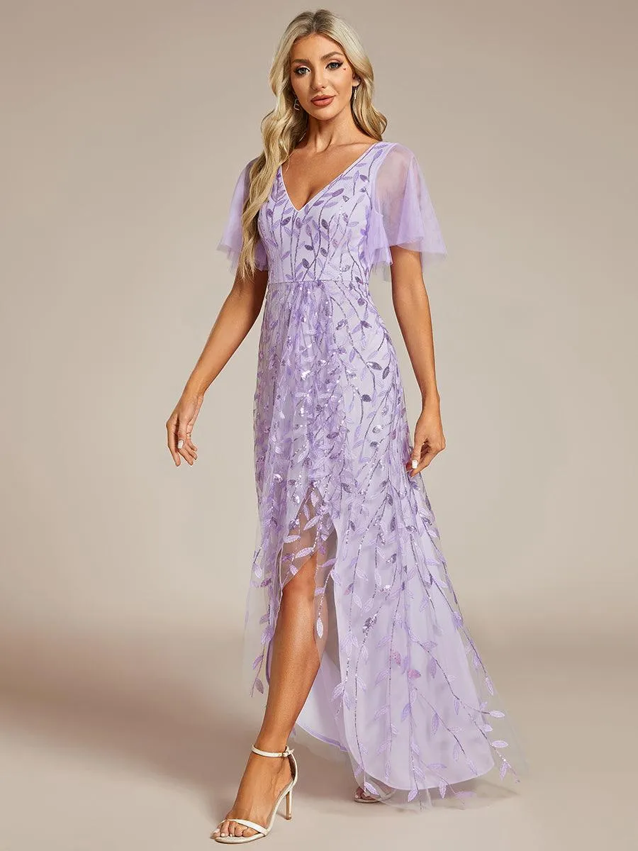 Robes de soirée pailletées à col en V et fente haute
