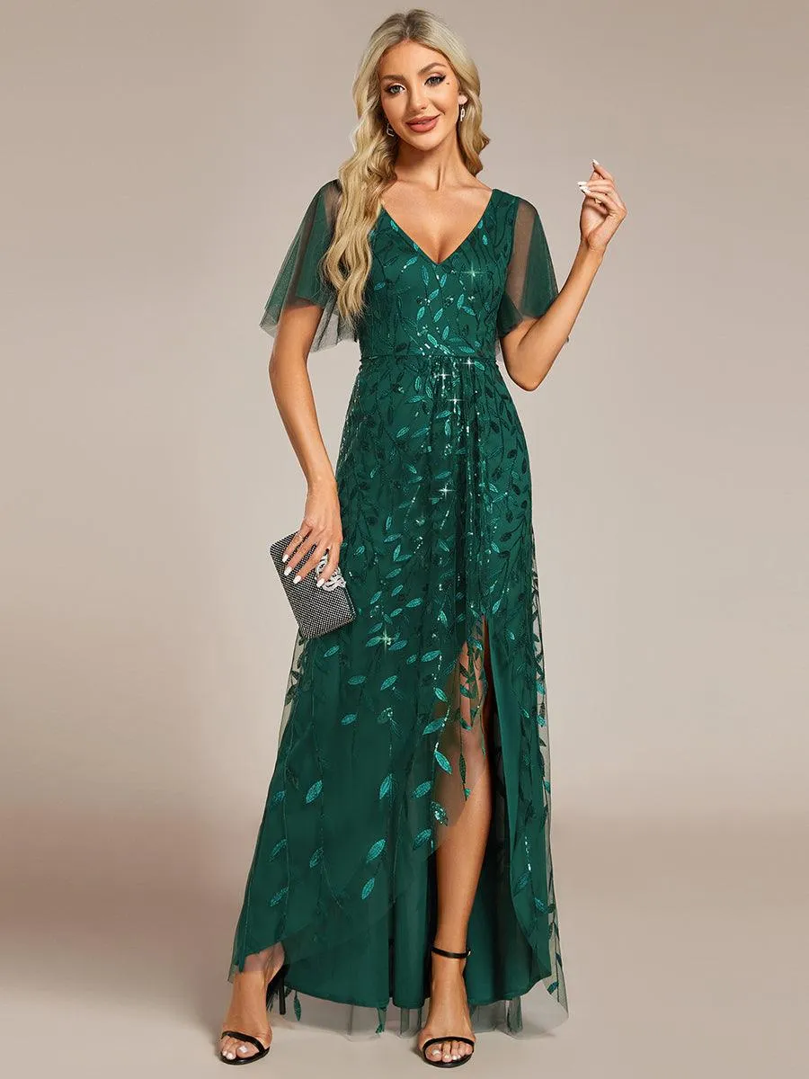 Robes de soirée pailletées à col en V et fente haute