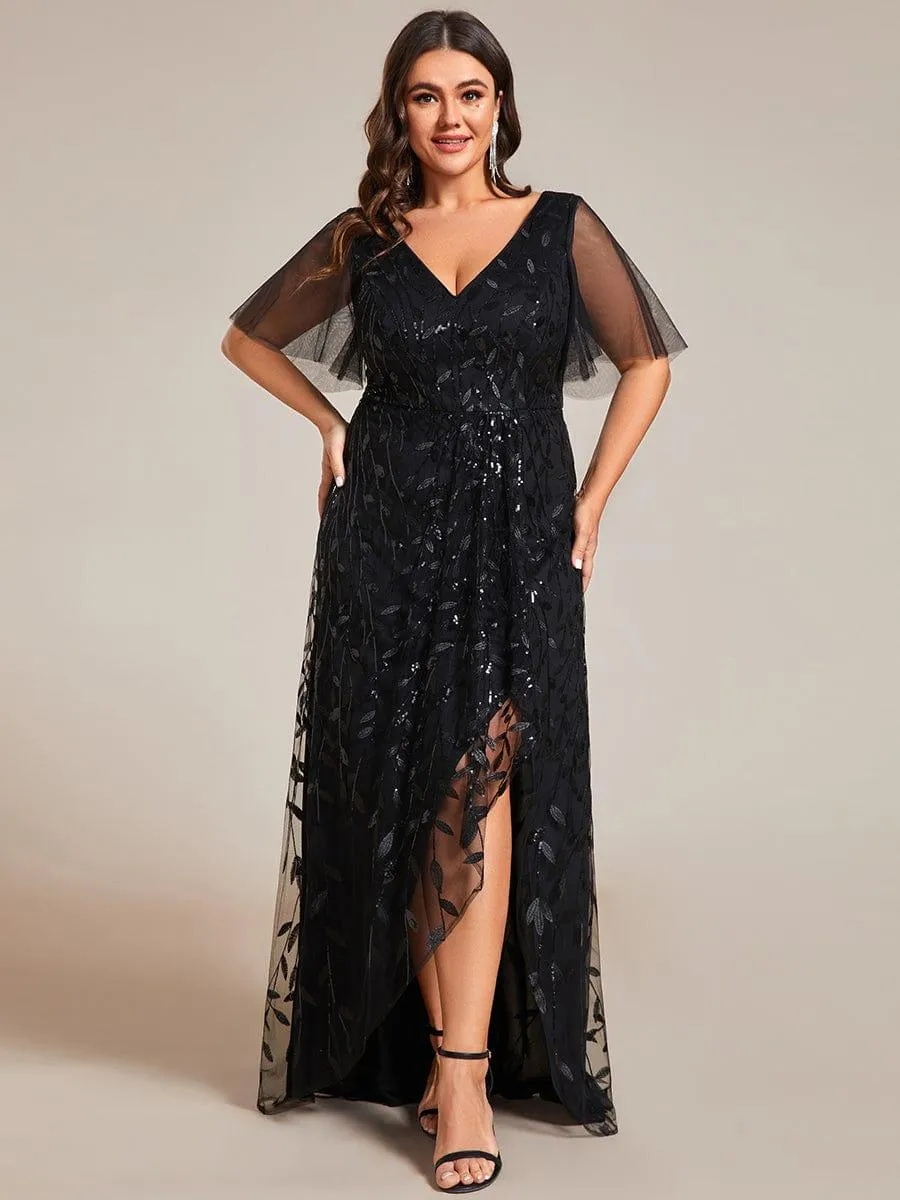 Robes de soirée pailletées à col en V et fente haute