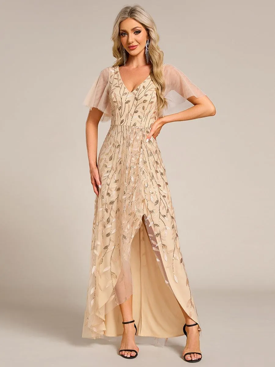 Robes de soirée pailletées à col en V et fente haute