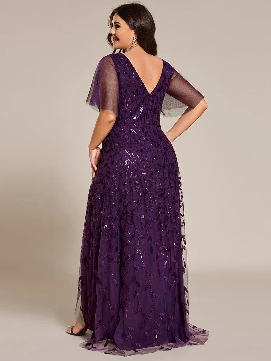 Robes de soirée pailletées à col en V et fente haute
