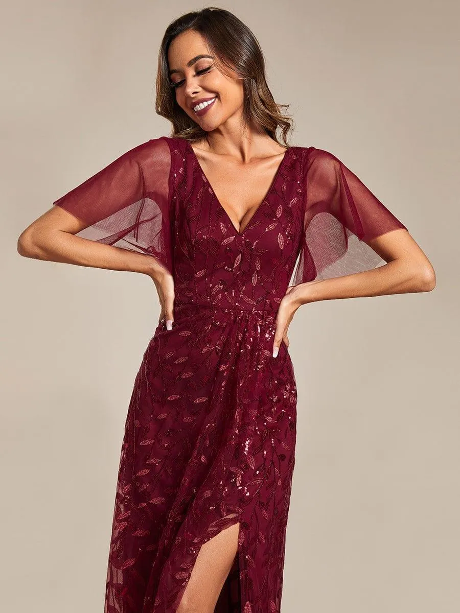 Robes de soirée pailletées à col en V et fente haute