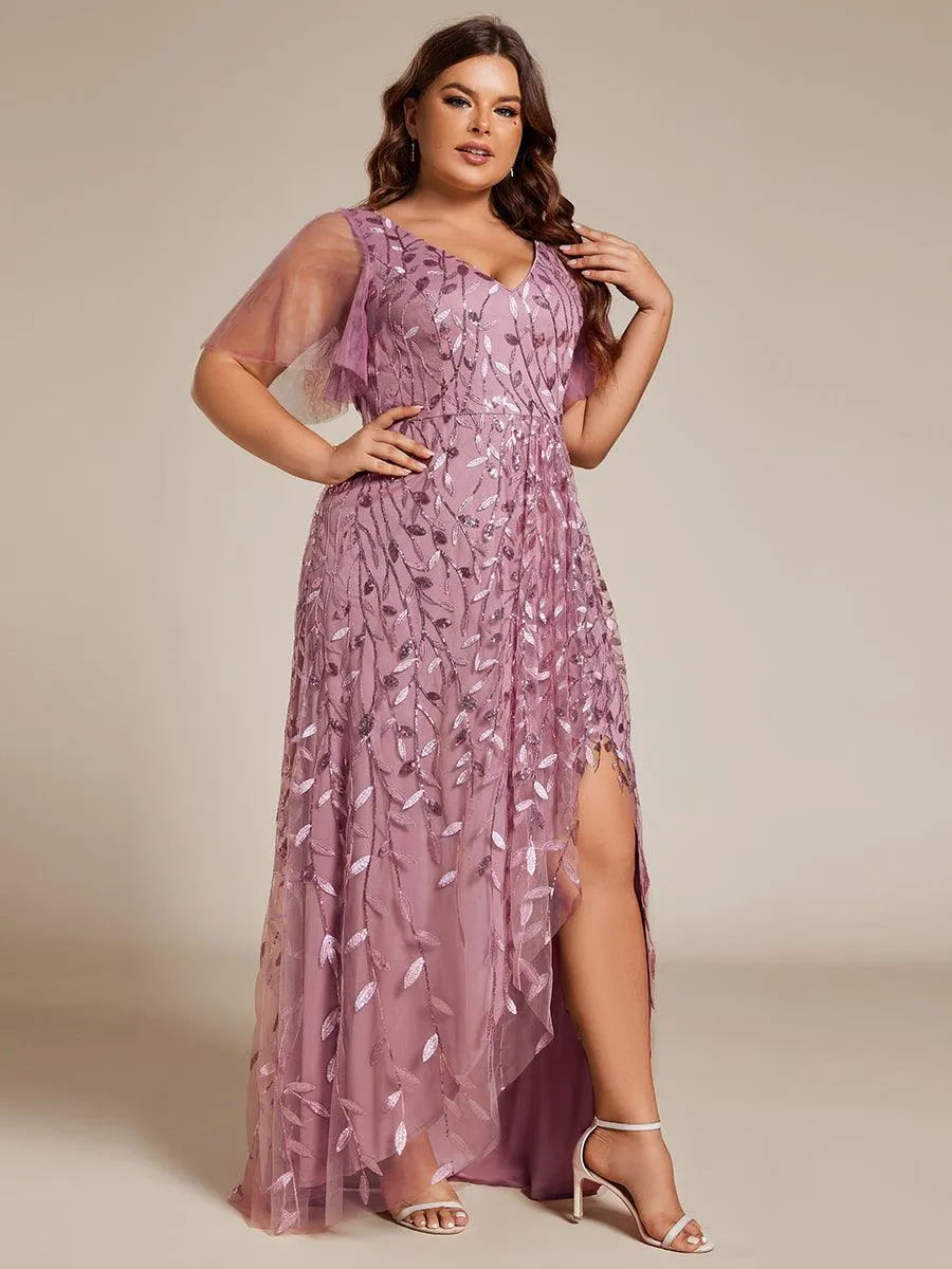 Robes de soirée pailletées à col en V et fente haute