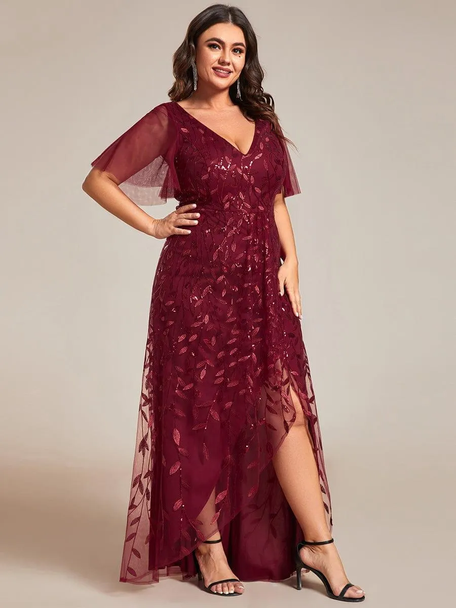 Robes de soirée pailletées à col en V et fente haute