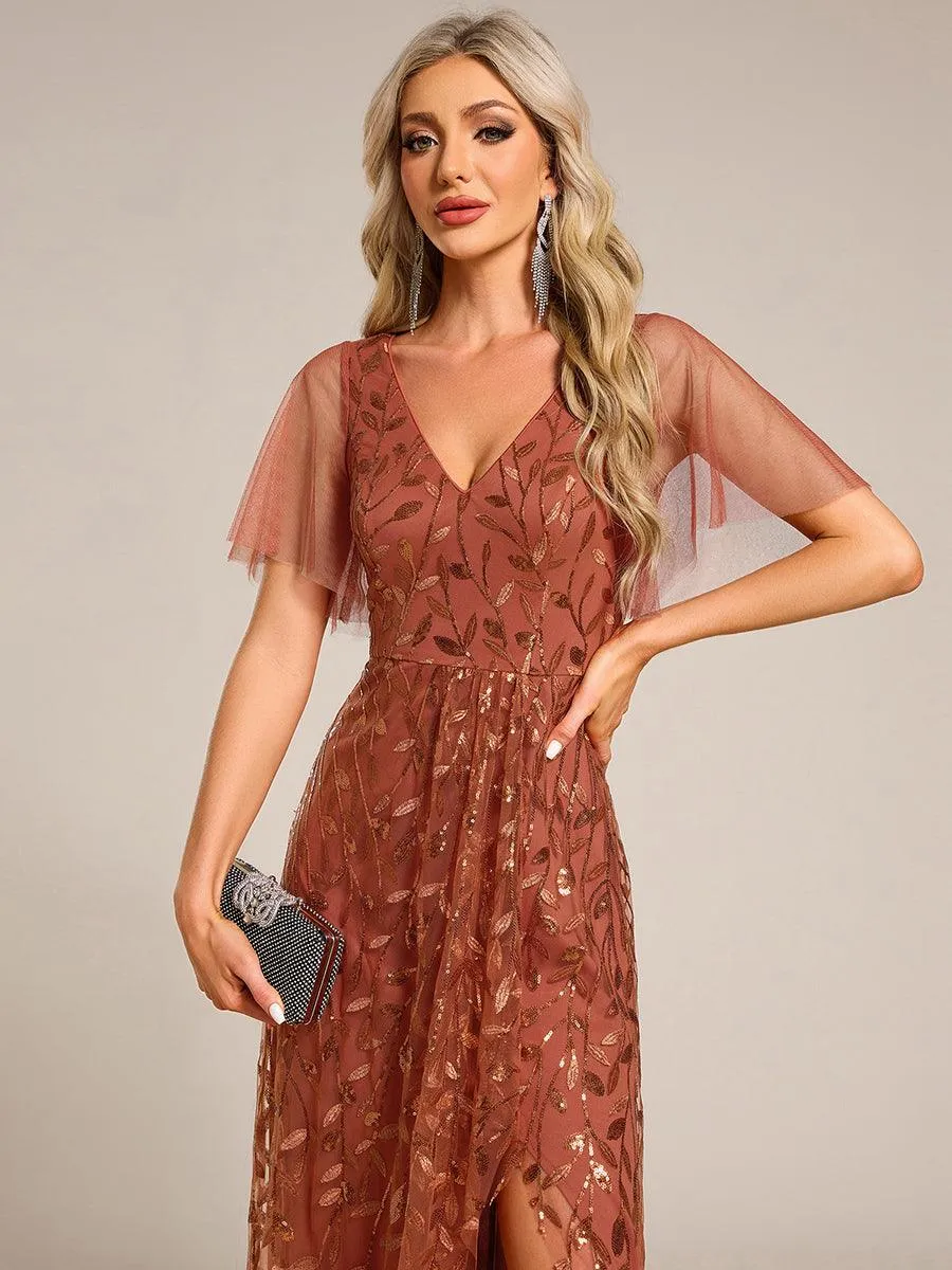 Robes de soirée pailletées à col en V et fente haute
