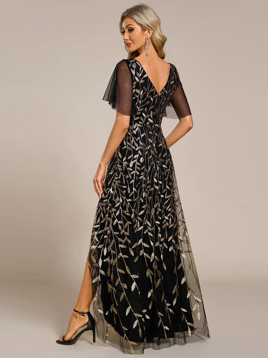 Robes de soirée pailletées à col en V et fente haute
