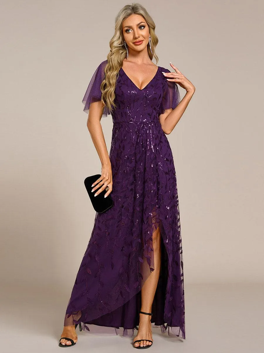 Robes de soirée pailletées à col en V et fente haute