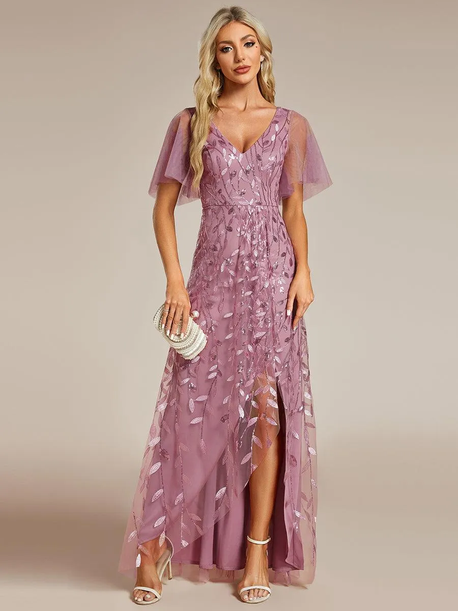 Robes de soirée pailletées à col en V et fente haute