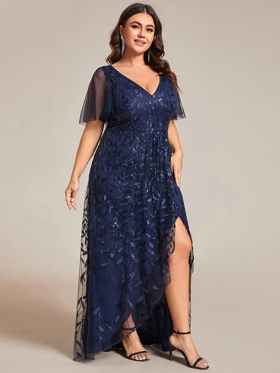 Robes de soirée pailletées à col en V et fente haute