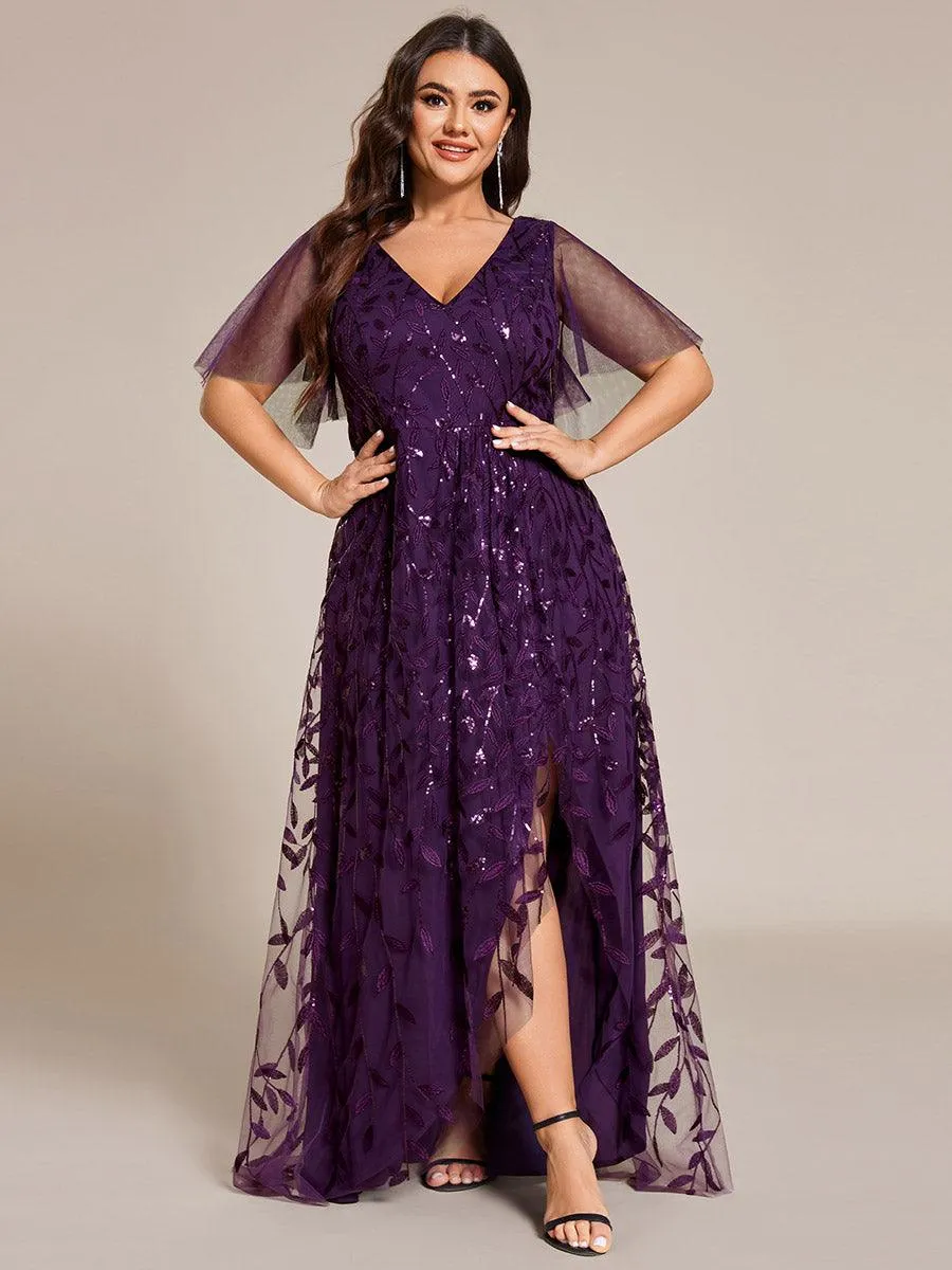Robes de soirée pailletées à col en V et fente haute