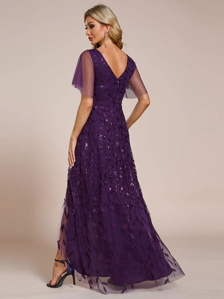 Robes de soirée pailletées à col en V et fente haute