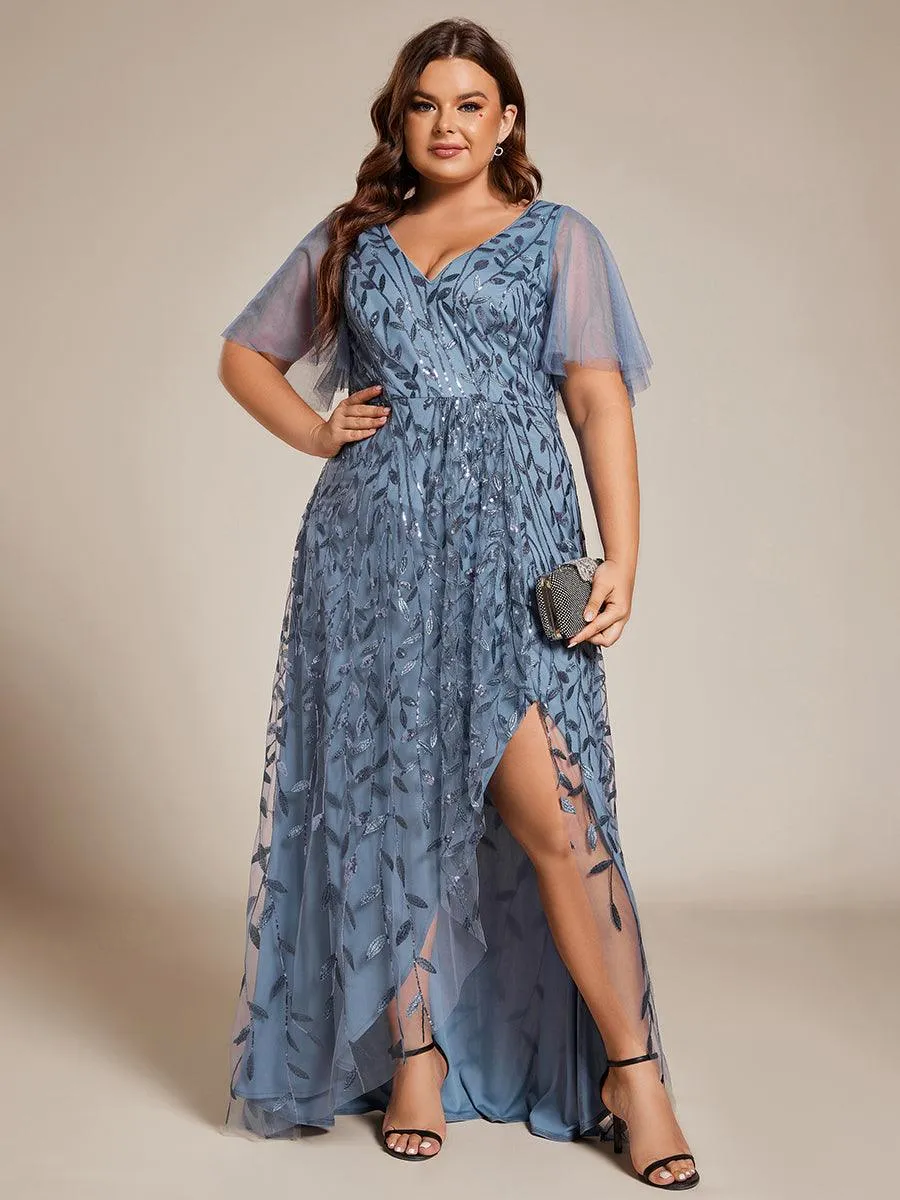 Robes de soirée pailletées à col en V et fente haute