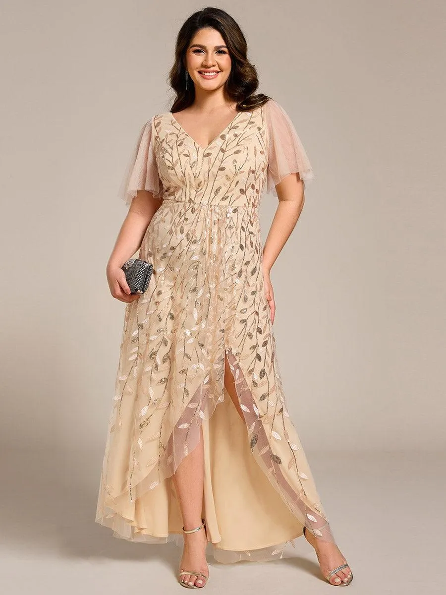 Robes de soirée pailletées à col en V et fente haute
