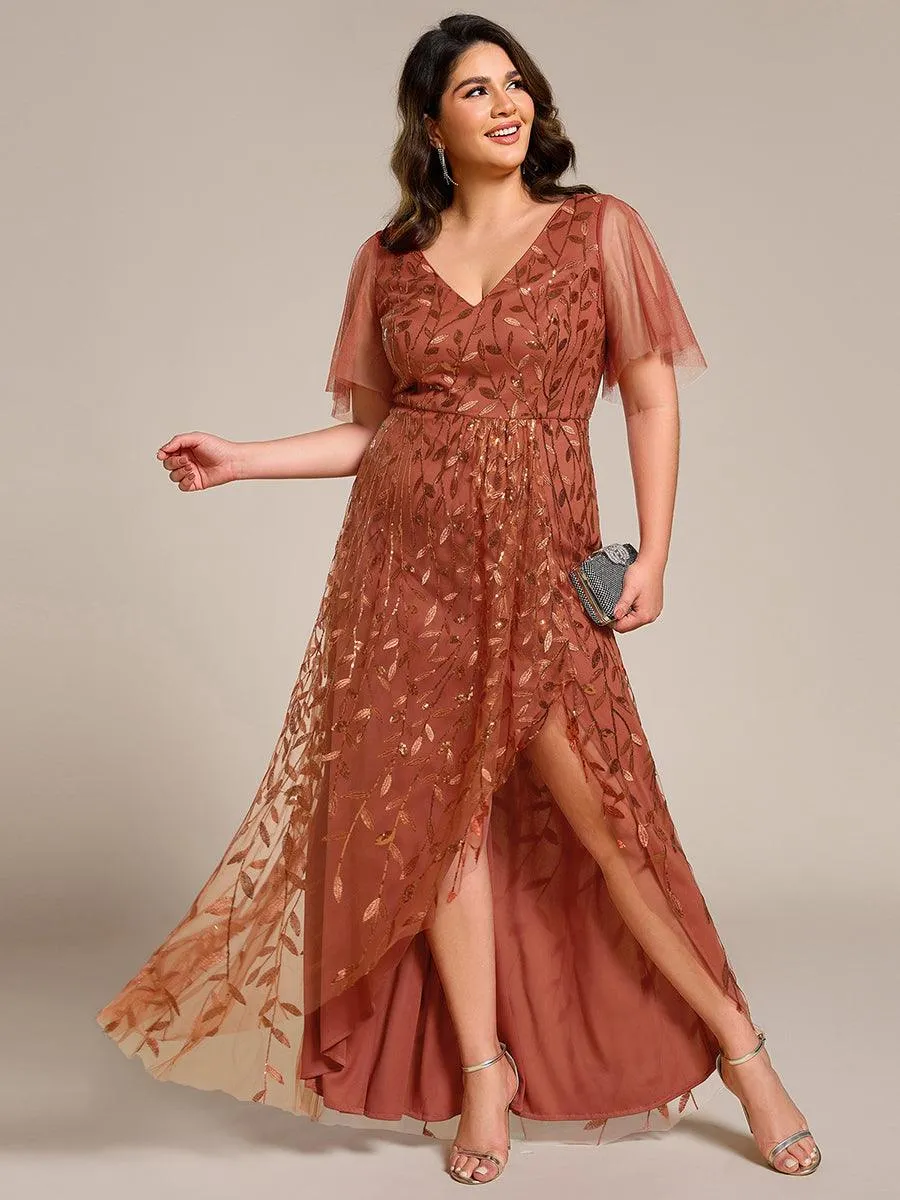 Robes de soirée pailletées à col en V et fente haute