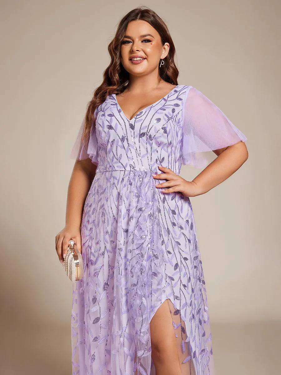 Robes de soirée pailletées à col en V et fente haute