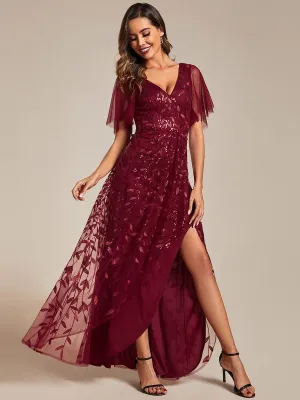 Robes de soirée pailletées à col en V et fente haute