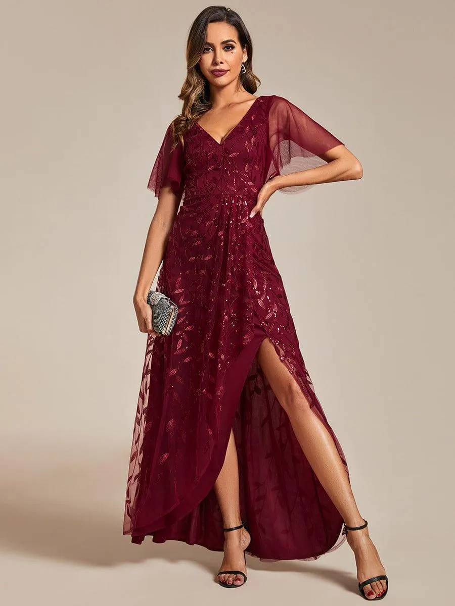 Robes de soirée pailletées à col en V et fente haute