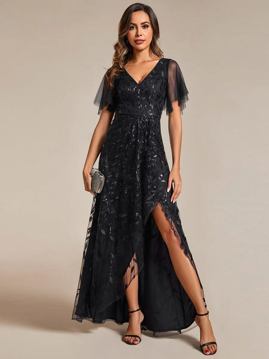 Robes de soirée pailletées à col en V et fente haute