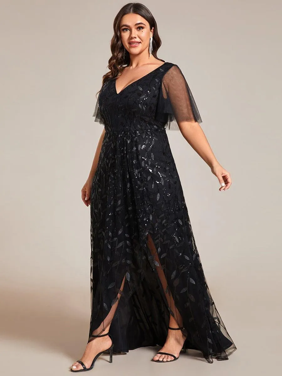 Robes de soirée pailletées à col en V et fente haute