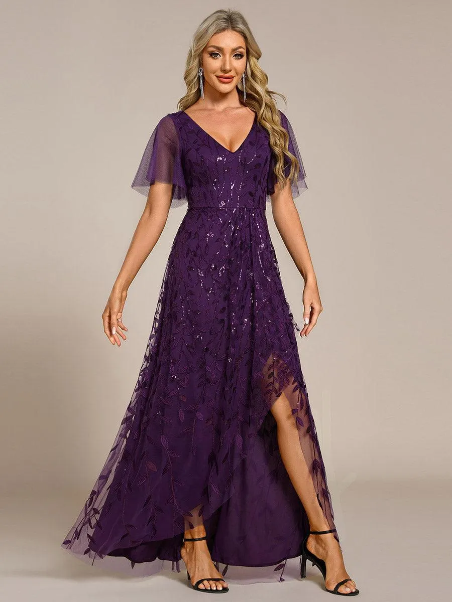 Robes de soirée pailletées à col en V et fente haute