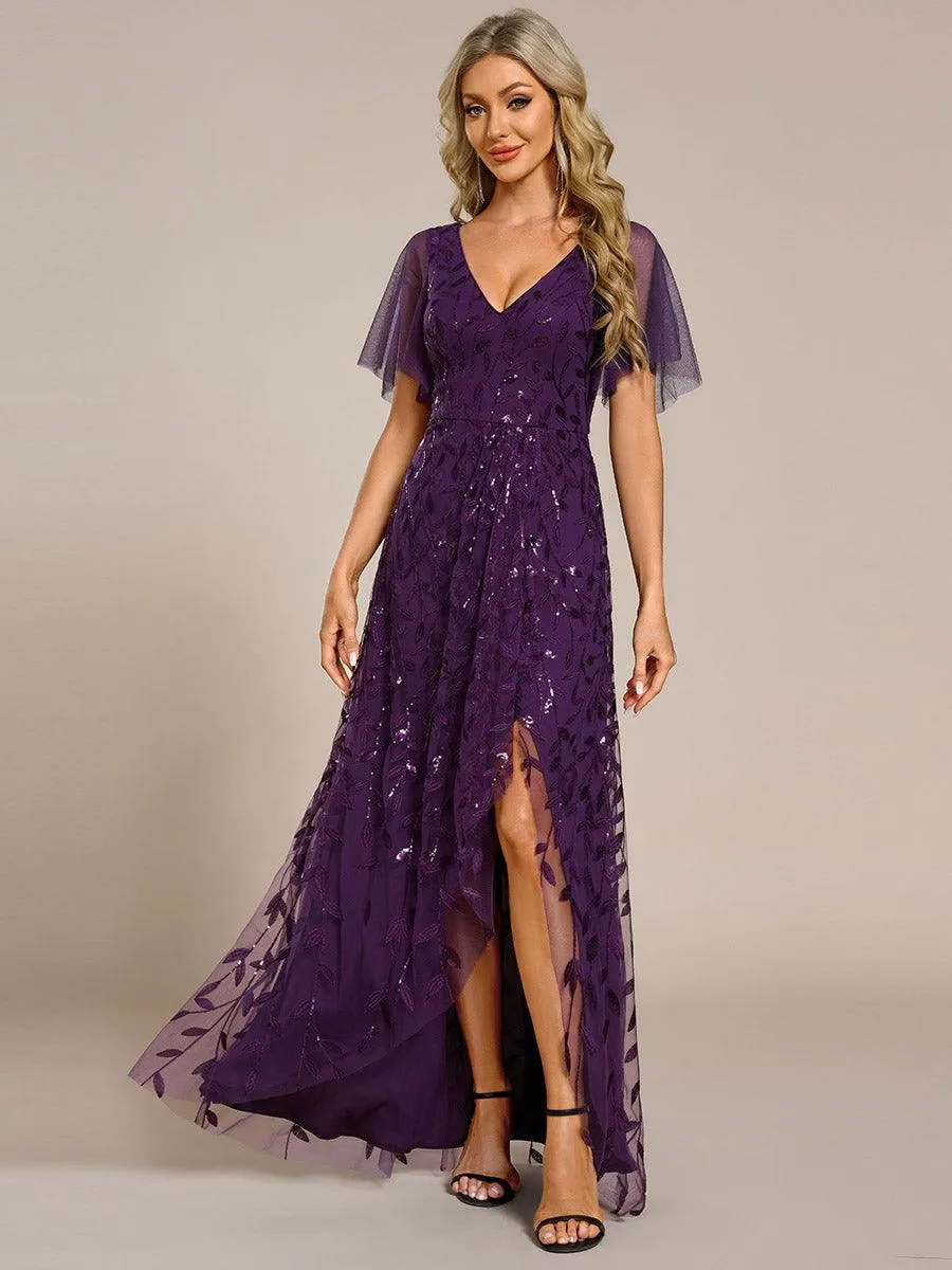 Robes de soirée pailletées à col en V et fente haute