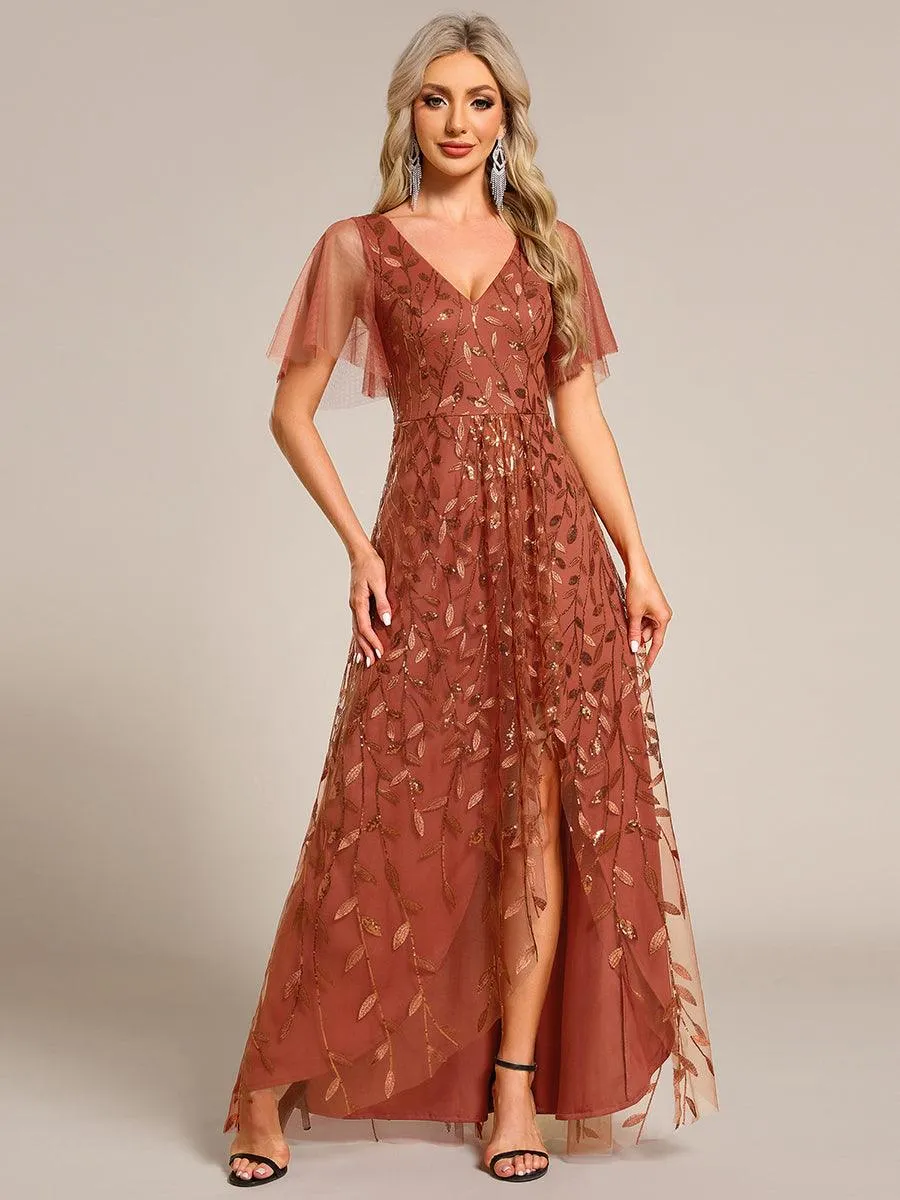Robes de soirée pailletées à col en V et fente haute